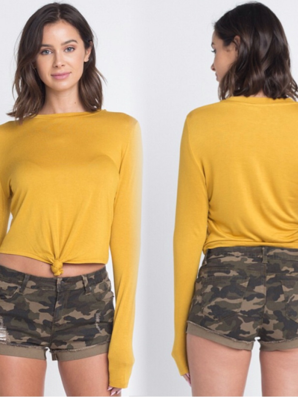 Mustard Long-Sleeve Knot Front Top - Women